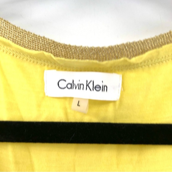 CALVIN KLEIN Pocket Tee Blouse Stretch Jersey Beaded Neckline L Yellow Top Women - Picture 3 of 5